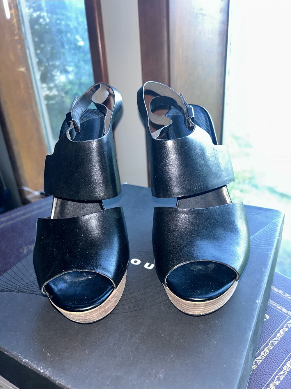 Trouve Black Leather Open-Toe Wedge Sandals